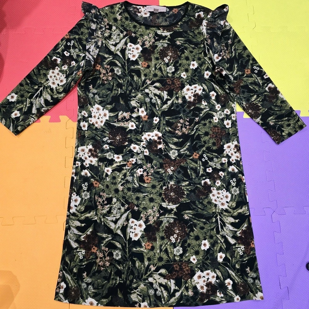 Philosophy Dresses Floral Ruffle Shoulder Long Sleeve Shift Dress Size M Dark...